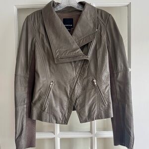 Gray drape front leather jacket